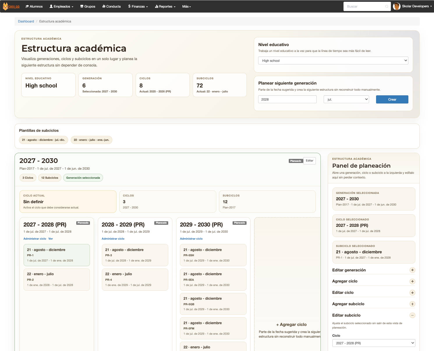 Pantalla de estructura académica